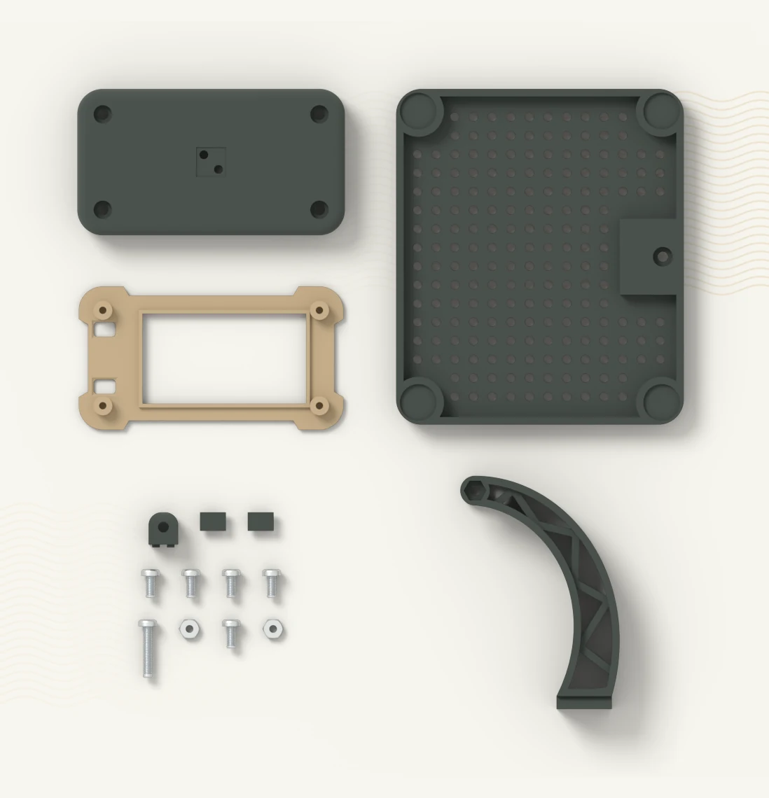 The same parts turned over, showing their undersides: screw bores, lid bosses, the foot's hollow and rubber-foot pockets