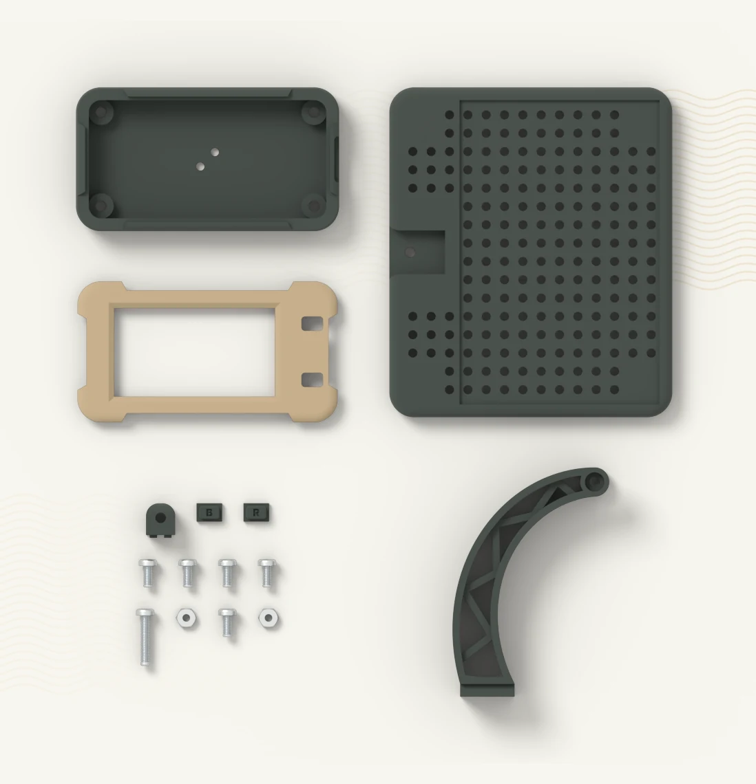 All parts of the CYD 1.9 stand enclosure laid out flat, seen from above: enclosure, lid, button caps, joint cube, leg, breadboard foot, screws and nuts